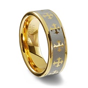 Gold Colored Tungsten Carbide Laser Designed Cross Ring