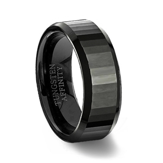 Faceted Black Ceramic Wedding Ring with Beveled Edges