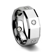 Mens Polished Faceted CZ Tungsten Wedding Ring
