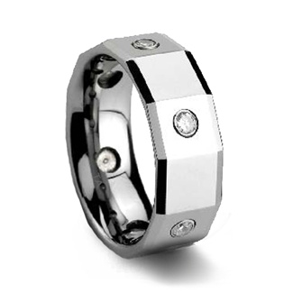 Mens Polished Faceted CZ Tungsten Wedding Ring