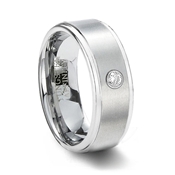 Brushed White Tungsten Wedding Band with Solitaire CZ & Step Edges