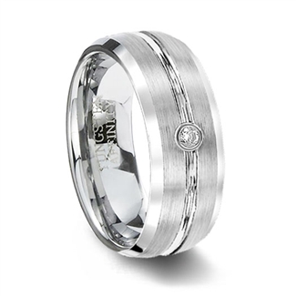 Mens White Tungsten Wedding Band with CZ Stone