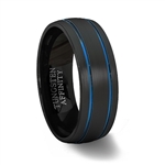 Brushed Black Tungsten Carbide Rounded Ring with Brushed Finish & 2 Blue Grooves