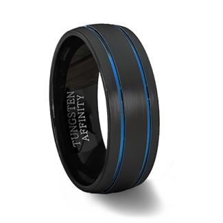 Brushed Black Tungsten Carbide Rounded Ring with Brushed Finish & 2 Blue Grooves
