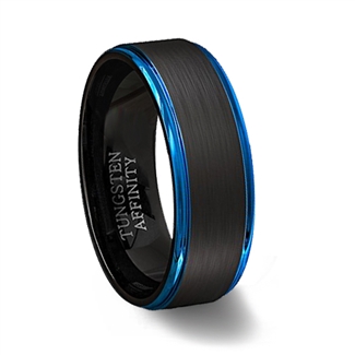 Brushed Black Tungsten Carbide Ring Polished Blue Step Edges