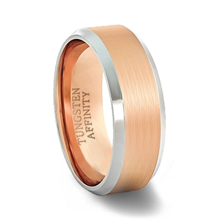 Brushed Rose Gold Tungsten Carbide Ring with Rose Gold Inner Band & high polished beveled edges