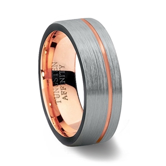 Brushed Tungsten Carbide Ring Pipe Cut Ring with Rose Gold Offset Channel & Rose Gold Inner Band