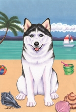 Siberian Husky on the Beach Flag SaltyPaws.com
