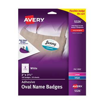 Self Adhesive Name Badges Wht Oval, AVE05326