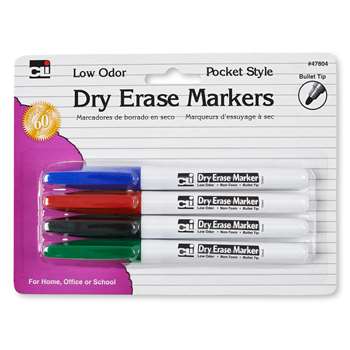 Dry Erase Markers 4St Color Bullet Tip, CHL47804