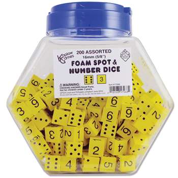 16Mm Foam Dice Tub Of 200 Yellow Spot & Number By Koplow Games