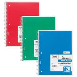 Notebook Spiral 3 Subject 120 Ct 10 1/2 X 8 By Mead Products