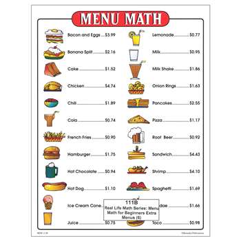 Menu Math For Beginners Extra Price Lists 6 By Remedia Publications