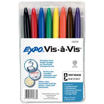 Marker Set Vis-A-Vis 8 Color Wet Erase Blk Rd Blu Grn Yllw Brwn Prpl By Newell