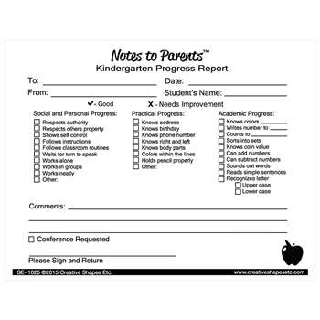 Notes To Parents Kindergarten Progress Report, SE-1025