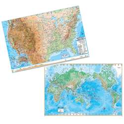 Us/World Physical Rolled Laminated Map Set, 50" X 32" - Uni2982327 By Universal Map Group