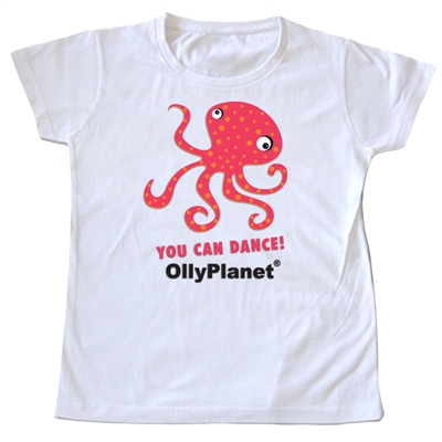 Dancing pink octopus design on a toddler tee.