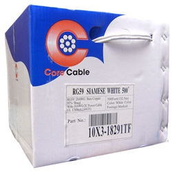 WholesaleCables.com 10X3-18291TF 500ft Bulk RG59 Siamese Coaxial/Power Cable White Solid Core (Copper) Coax 18/2 (18 AWG 2 Conductor) Stranded Copper Power Pullbox