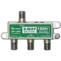 201-203 F-pin Coaxial Splitter 3 way 1 GHz 90 dB