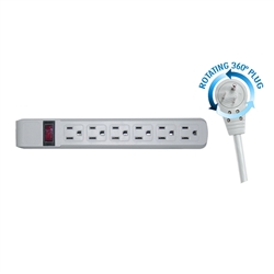 51W1-19204 4ft 6 Outlet Gray Surge Protector with Horizontal Outlets Flat Rotating Plug Power Cord