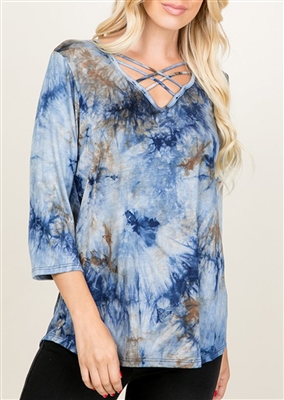 ST1392-25 CRISSCROSS V NECK TIE DYE ROUND HEM TOP 2-2-2