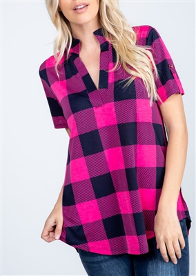 ST1513-10 MANDARIN COLLAR PLAID PRINT TOP WITH BUTTON DETAIL 2-2-2