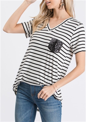 ST1567-20 SEQUIN POCKET STRIPE PRINT TOP 2-2-2