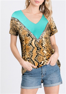 ST1630-13 SOLID AND SNAKE PRINT CONTRAST TOP 2-2-2