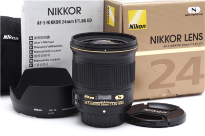 Mint Nikon NIKKOR AF-S 24mm f1.8 G ED Lens with Hood, Case, & Box #46626