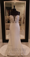 SIMONE | Spaghetti Strap Sheath Wedding Dress Lace Appliqued Pearl Beaded Low Back Crepe Bridal