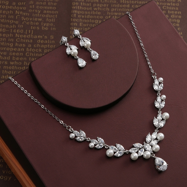 Floral Design Zircon Jewelry Sets Marquise Cut Cubic Zirconia Necklace Earrings Bijoux