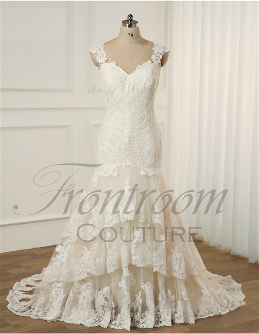 SERENITY | Tiered Lace Layered Fit and Flare Gown Cap Sleeves