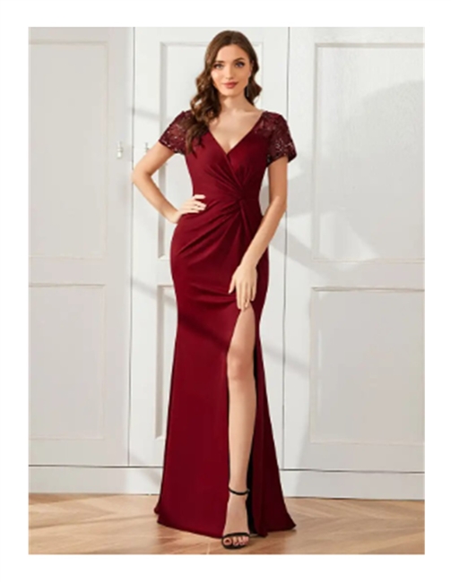 JAMIE | Deep V Side Split Evening Gown with Sheer Applique Sleeves and Ruched Waist