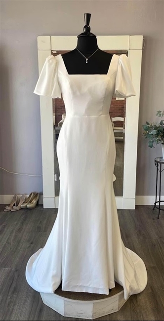 LINZEE | Crepe Gown with Boat Neckline and Flutter Sleeves