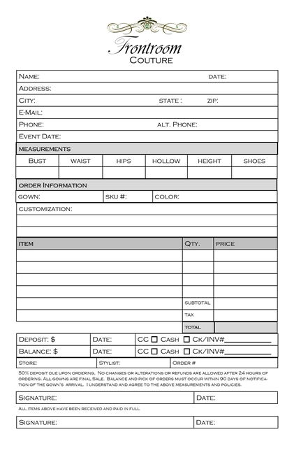 FRC Bride Order Forms, 2 Part Carbonless