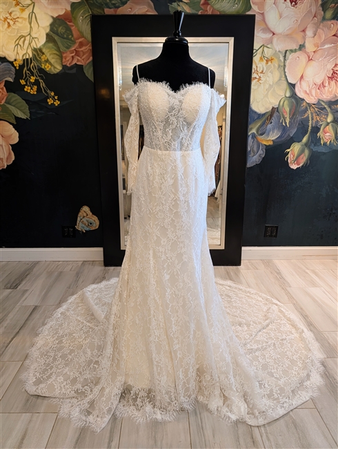 VIOLA | Fit and Flare Gown with Full Length Off the Shoulder Sleeves and Pearl Detail