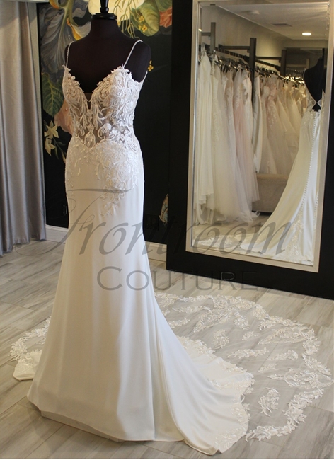 SIRENA | Beaded Crepe Spaghetti Strap Sheath Gown with Lace Appliques and Train