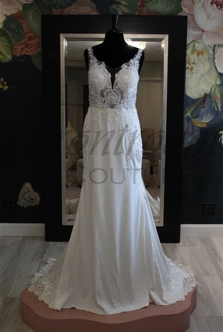 ADDISON | Tank Strap Fit and Flare Gown with Sheer Bodice, Low Back, and Lace Applique Details