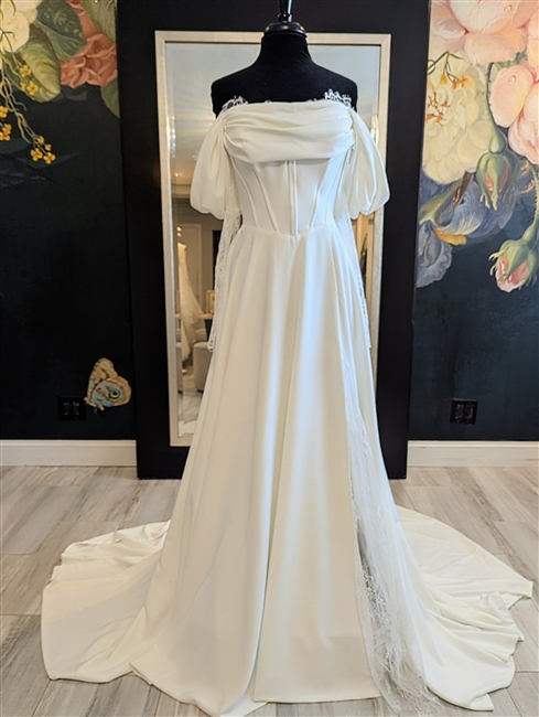 NATASHA | Crepe Basque Waist A - line Gown with Slit and Draped Neck and Off the Shoulder Sleeves with Full Length Lace Sleeves