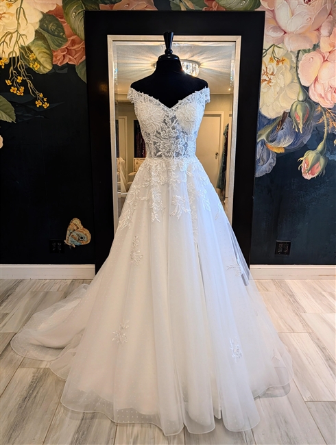 CLARA | A-line Off the Shoulder Gown with V-neckline and Beaded Applique