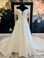 DIANA| Lace-up Ballgown with Beaded Floral Applique and Off the Shoulder Sleeves