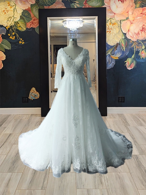 MERCEDES | Long Sleeve Lace A-Line Gown with V Neckline and Low V Back
