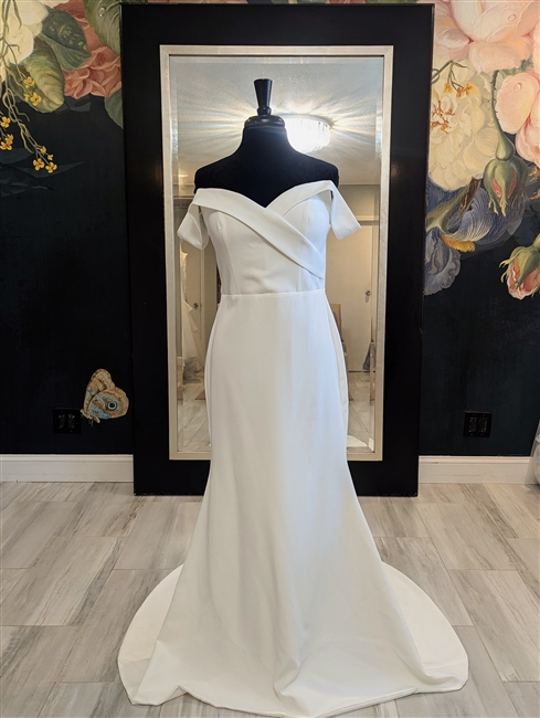 SILVIA | Crepe Sheath Gown with Off the Shoulder Sleeves