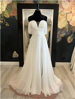 OHANA | Chiffon A- Line Gown with Side Split and Off-The-Shoulder Sleeves with a Sweetheart Neckline and Buttons