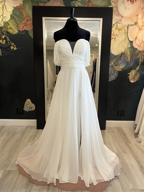 OHANNA | Chiffon A- Line Gown with Side Split and Off-The-Shoulder Sleeves with a Sweetheart Neckline and Buttons