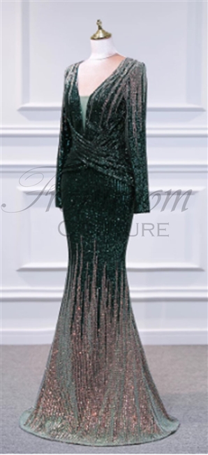 NORA | Sequin Long Sleeve Fit and Flare Gown with Ruching