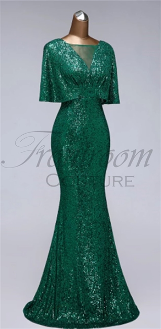 TESSA | Half Sleeve Fitted Sequin Gown with Illusion V-Neck