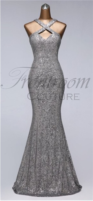 VIKKI | Open Back Sequin Gown with Sheer Train and Crossed Straps