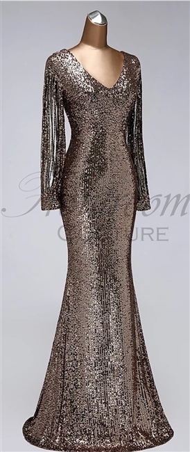 CLARISSE | Sequin Fit and Flare Gown with Long Shredded Sleeves