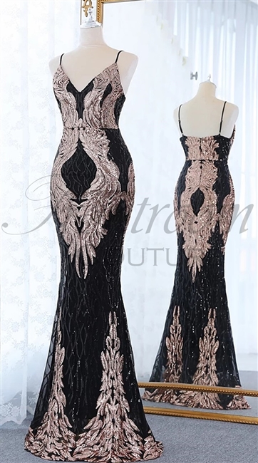 SERENA | Sequin Flit and Flare Gown with Spaghetti Straps and Contrasting Design